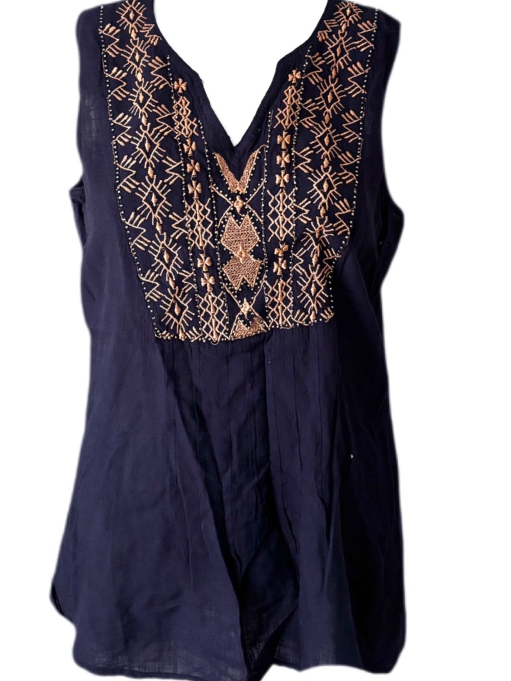Raya Sun Navy Sleeveless V-Neck Camisole with Gold Embroidered Yoke